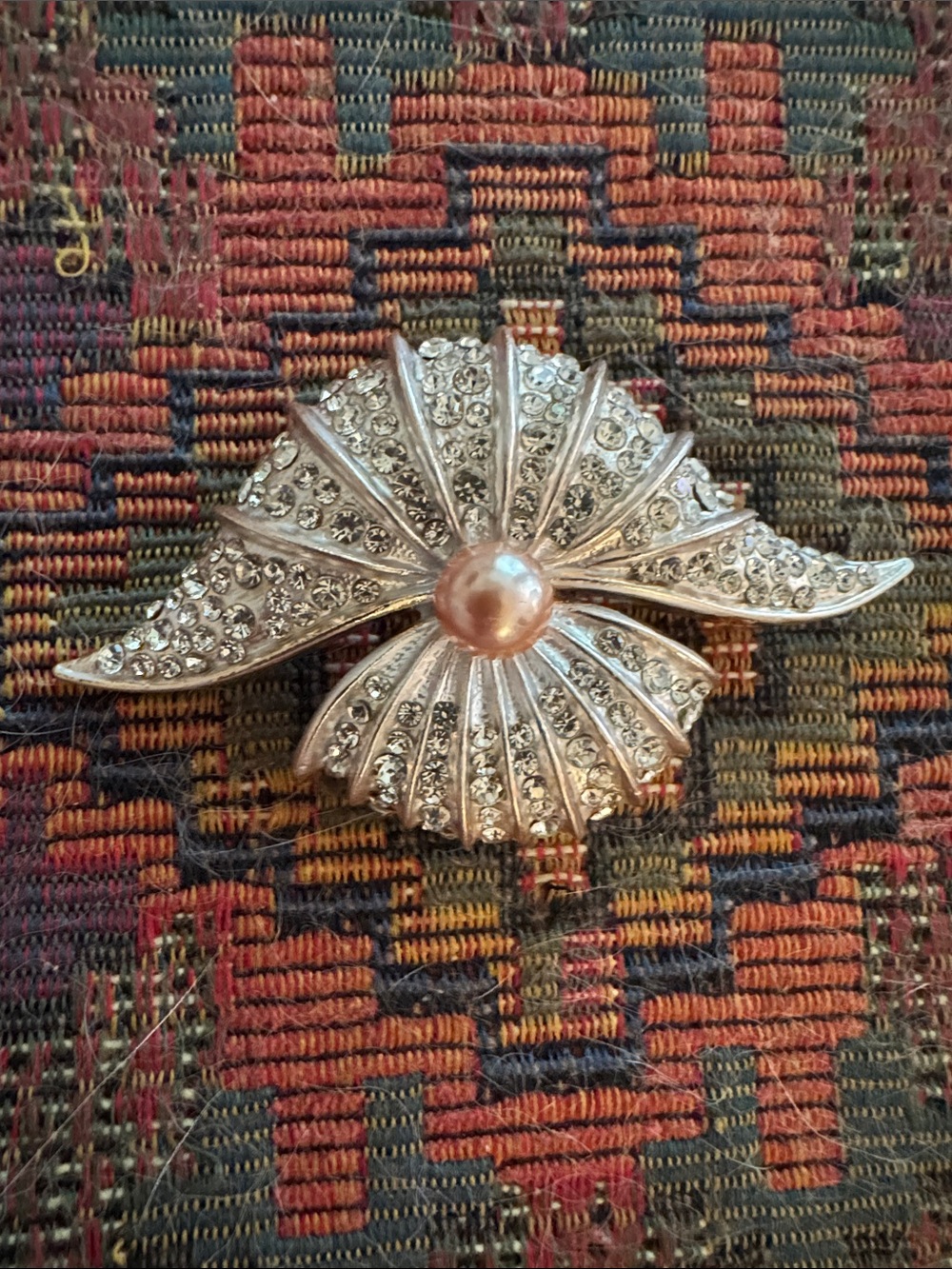 Silver-Tone Crystal Fan Brooch with Pearl Center